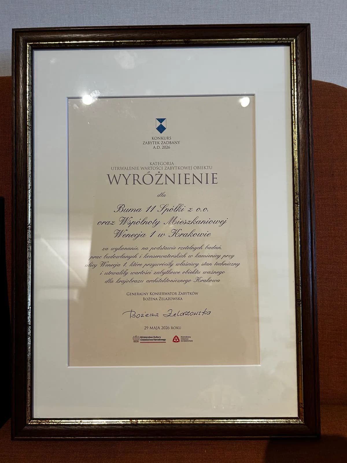 Dyplom z konkursu „Zabytek Zadbany” w ramie