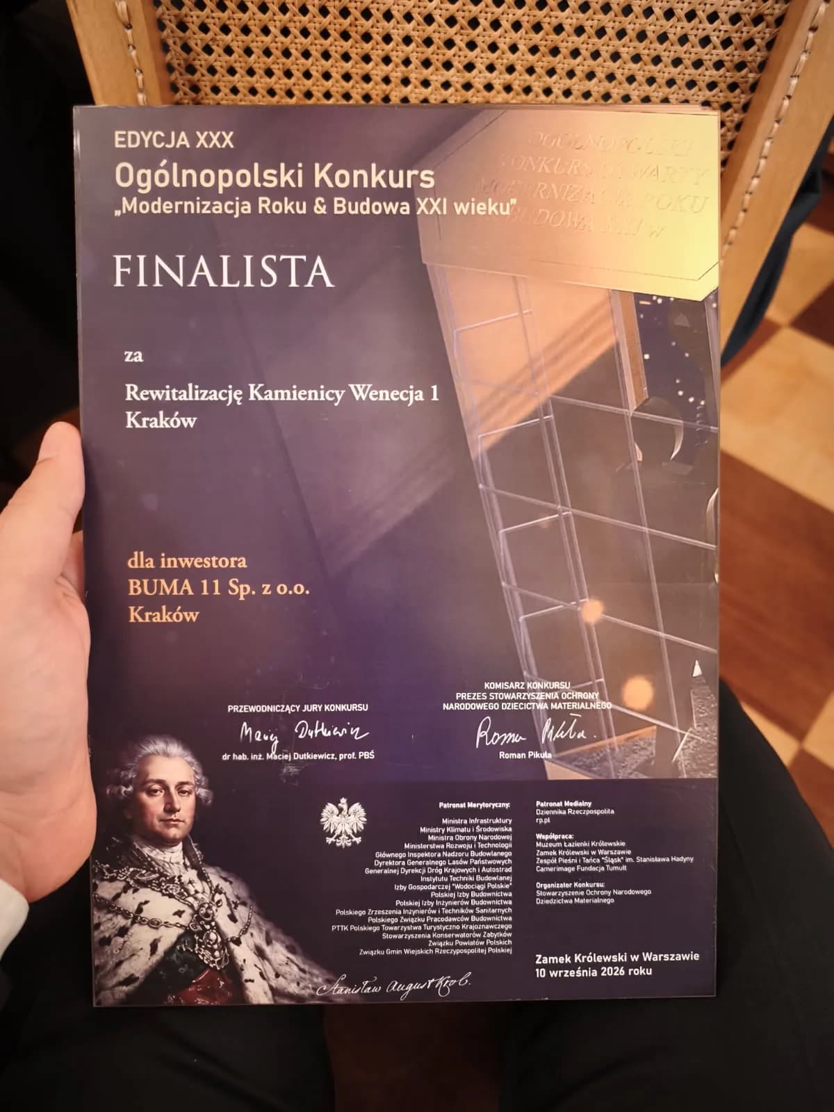 Dyplom finalisty konkursu Modernizacja Roku & Budowa XXI wieku za rewitalizację kamienicy Wenecja 1